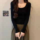 White Shoulder Repair Long-Sleeved T-Shirt Girl Early Autumn New Ocean With Small Short Bottom Top