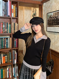 Fake Two-Piece POLO Collar Knitted Bottom Shirt Women's Spring And Autumn Cuffs Open Niche Design Elastic Inside The Top