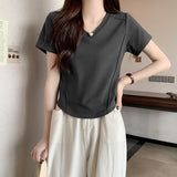 White Short-Sleeved T-Shirt Women's Summer Front Shoulder Thin Design Embody Irregular Short V-Neck Collar Collar Collar Collar Collar Collar Collar Collar Collar Collar Collar