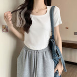 Solid Color French Style Collar Hottie Milk Apricot Short-Sleeved Blouse Spring And Summer Pure-Want T-Shirt Girls Body-In-Body Shirt