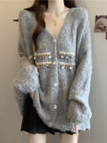 Lazy Wind Gray V-Neck Sleeve Sweater Coat Woman 2025 Autumn/Winter Large-Size Fatmm Knitted Sweater Soft-Gried Top