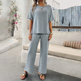 Dili Women's Clothing 2025 Spring And Summer Temperament Casual Pure Color Knitted Short-Sleeved Trousers Set