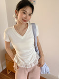 Sweet Hem Lace Splicing Short Sleeves Straight Shoulder T-Shirt 2026 Summer Folding Waist Design Blouse