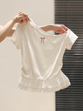Red Oblique Shoulder Bow Design Sense Short-Sleeved T-Shirt For Women's New Lace Lace Splicing Tops In Summer 2026