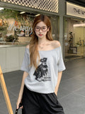 Korean Flower Gray Puppy Letter Print Oblique Shoulder Short-Sleeved T-Shirt Women's Summer New Fashion Top