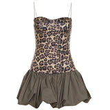 2025 New Retro Babes Leopard Spliced Sling Dress Woman To Repair Height Waist Fluffy Skirt Skirt