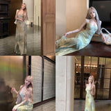 Vintage Cold Light Green Pure Desire Hanging Dress Summer New Printed Dress Temperament Green Niche Thin