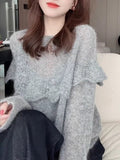 Spring Dress Wearing Hook Flower Hollow Sweater Female Lotus Leaf Side Gray Soft Glutinous Loose Collar Knitting Top