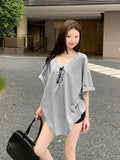 Large-Size Women's White Languid T-Shirt Women Summer Fat Mm Loose Belly V Collar Short-Sleeved Top Casual T-Shirt