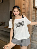 Korean Collidered Slammed Design Slant Shoulder Printed Short Sleeve T-Shirt Women's Summer New Leather Spice Girl Easier Loose T-Shirt
