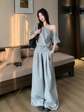 Gray Suit Design Slanted Shoulder To Waist Short-Sleeved T-Shirt Women Summer High-Waisted Leisure Broad Leg Trousers Two-Set