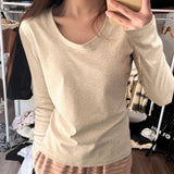 Shoulder Cotton Long-Sleeved U-Necked T-Shirt Women 2026 Early Spring And Autumn New Low-Round Collar Inside The Bottom Shirt Top