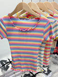 Pure Cotton Shoulder Rainbow Striped Short-Sleeved T-Shirt For Summer New Design Wood Ear Collar Body Dress