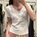 Solid Color Foundation V-Neck Shoulder Thin T-Shirt Girl Summer Slim Small Collar Short Sleeve Top