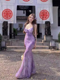 Lace Spliced Purple Sling Dress Women's Summer Mesh Repair Fishtail Dress Pure Want To Pack The Ass Skirt