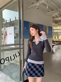 New Color Fake Two Knitted Bottom Shirt Women's Spring Suit With Polo Collar Horn Long-Sleeved Temperament Sweater Top