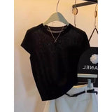 Summer Blue Little Flying Sleeve Ice Silk Knitted Short-Sleeved T-Shirt Femininity Slime Straight Shoulder Unique Beautiful Top