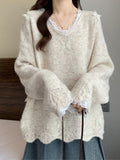 Large-Size French Lace Knitted Women's Autumn And Winter Fashion Soft-Creative Sweater Jersey V-Neck Loose Thin Top