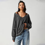 Wish Explosive Personality V-Neck Decorative Lines Design Feel Women's Loose Lazy Windwear