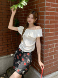 Pure Lustful Wind Shoulder-To-Shoulder Sexy Lotus Side Short-Sleeved T-Shirt Girl Summer New Waist Draw Folds Thin Top