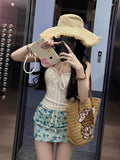 Seaside Holiday Sweet Hottie With Brated Vest Woman Summer High-Waist Print Bag Half-Dress Skirt Two-Piece