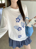 Korean Sweet Print Round-Neck Long-Sleeved Sympathize With Women 2026 Summer New Design Sense Loose Thin Beauty Top