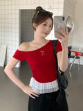 Red Oblique Shoulder Bow Design Sense Short-Sleeved T-Shirt For Women's New Lace Lace Splicing Tops In Summer 2026