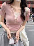Pink V-Neck Shoulder T-Shirt Women's Short-Sleeved Spring And Summer New Color Fake Two Design-Sensitive Tops To Repair Short-Term Pure Desire