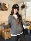 Flower Gray Hooded Draw Rope Long-Sleeved Zipper Knitted Cardigan Women 2026 Fall Languid Sweater Jacket