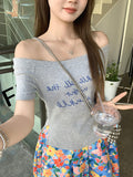 Super Good-Looking Flower Gray Collared Shoulder Hottie Short-Sleeved T-Shirt Girl Summer Letter Print Design Beautiful Top