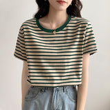 Fresh Green Striped T-Shirt Women's Summer Short-Sleeve 2026 New Loose Round Collar Sympathizes With Niche Clothes