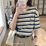 Vintage Style Striped Short-Sleeved T-Shirt For Women's Summer 2026 New Loose Cotton Embroidery Casual Half-Sleeved Top
