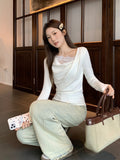 Korean Solid Color Collar One-Word Collar Shoulder Long-Sleeved T-Shirt Women's 2026 New Early Autumn Super Good-Looking Lace Top