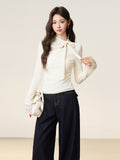 Autumn And Winter Apricot Lace Bow Tie With T-Shirt Long-Sleeved Bottom Shirt With Grinding Plus Velvet Design Top Women's Clothing