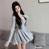 French Sexy Hottie Pure Lust Square Collar Collar Long-Sleeved Dress Women's Autumn New Small Waist Skirt