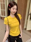 Yellow Shoulder Letter Hot Diamond Design Sense Short-Sleeved T-Shirt For Women's Summer Short-Form Niche 2026 New Top