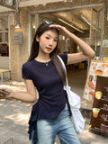 Milk Yellow Round Collar Front Shoulder Short-Sleeved T-Shirt 2026 Summer New Irregular Hem Lotus Leaf Edge Repair Coat