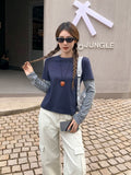 Design Fake Two Stripes Splicing Long-Sleeved T-Shirt Women 2026 Autumn Unique Bottoming Shirt Top