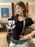 Lattice Wood Ear Splicing Hem Short-Sleeved T-Shirts For Summer Women's New Collar Folds And Thin Belt Neck Small Tops