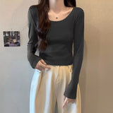 Vintage Low-Neck Shoulder Long-Sleeved T-Shirt Women Early Autumn New Design High Waist Display Thin Short Inside The Bottom Top