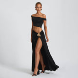 2025 New Fashion Pure Color Suit Sexy Brae Shoulder Vest High Open Fork Two Sets