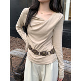 French Style Collar A Word Knitted Bottom Shirt Long-Sleeved Women Autumn And Winter Oblique Angle Shoulder Wrinkle Inside A Beautiful Top
