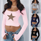 Dili 2025 Spring/Summer Y2K Casual Sexy Low-Chest Collar Five-Corner Star Long-Sleeved Top T-Shirt Women's Clothing
