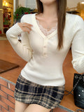 Purely Sexy Lace Side Pit Knitted Bottom Shirt Women Spring And Autumn V-Neck Button Slimmed Inside The Top