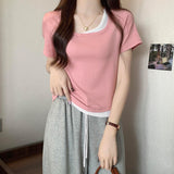 Fake Two Bumpy Square Short-Sleeved T-Shirts For Girls Summer New Body-Repair Korean Chic Short Top