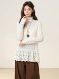 Small Fragrant Lace Wood Ear Half-High Collar Knitted Jersey Women 2026 Autumn And Winter Long-Sleeved T-Shirt On The Bottom Shirt