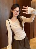 Apricot Out Shoulder Collar Long-Sleeved T-Shirt Girl 2026 Autumn Sweet Hottie Design Folded Waist One-Word Shoulder Coat