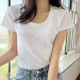 Simple Shoulder U Necker Machine Short-Sleeved T-Shirts Summer New High-End Tight Hottie Short Flying Sleeve Top