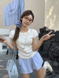 Wine Red Round Collar Straight Shoulder White Short-Sleeved T-Shirt Girl Summer Small Man Folded Waist Bow Blouse