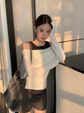 Black And White Spliced Shoulder Long-Sleeved T-Shirt Women 2026 Regular Hottie Repair Fake Two-Piece Top
